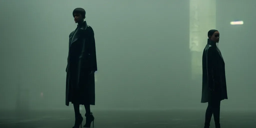 Image similar to film still of rihanna in blade runner 2 0 4 9, wearing clothes, cinematic, moody, gritty neon noir