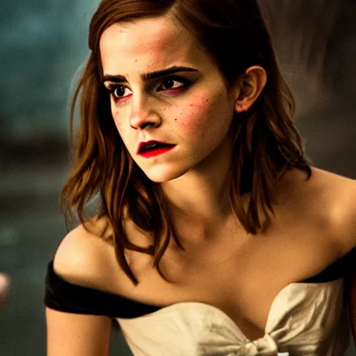 Image similar to movie scene portrait photo of emma watson as scary zombie, 8 k, masterpiece, pinup, highly detailed, smooth, sharp focus