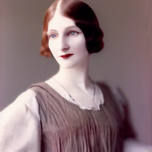 Image similar to close photo portrait of a pale skin woman wearing 1 9 2 0'clothes, long hook nose, colorized