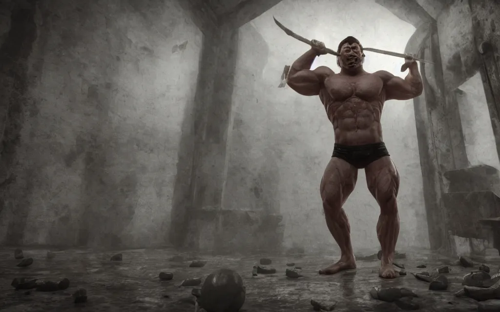 Image similar to muscle man claiming victory over the bodies of his enemies, atmospheric, mist, epic, photorealistic, realistic, rule of thirds, extremely detailed, 4 k, 8 k, unreal engine 5 render, rim lighting, rtx, ray traced lighting, shot on 3 5 mm, film grain, looking through a window frame