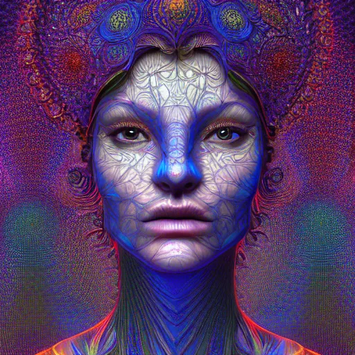 Image similar to beatifull frontal face portrait of a woman, 150mm, chromatic aberration, mandelbrot fractal, symmetric, intricate, elegant, highly detailed, ornate, ornament, sculpture, elegant , luxury, beautifully lit, ray trace, octane render in the style of peter Gric and alex grey