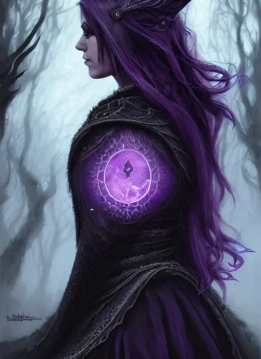 Image similar to side portrait Melanie Strohmaier as dark witch, adventurer outfit large cloak, fantasy forest landscape, dragon scales, fantasy magic, undercut hairstyle, short purple black fade hair, dark light night, intricate, elegant, sharp focus, illustration, highly detailed, digital painting, concept art, matte, art by WLOP and Artgerm and Greg Rutkowski and Alphonse Mucha, masterpiece