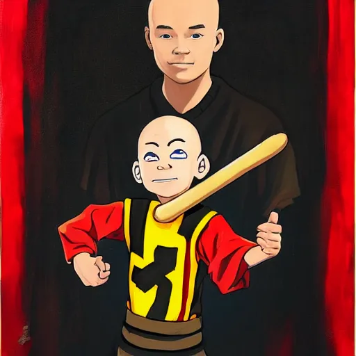 Image similar to a painting portrait of the last airbender in an arsenal jersey holding a hot dog,