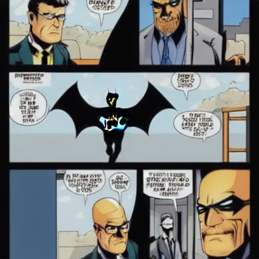 Prompt: batman fighting walter white, on a skyscraper, in the style of a comic