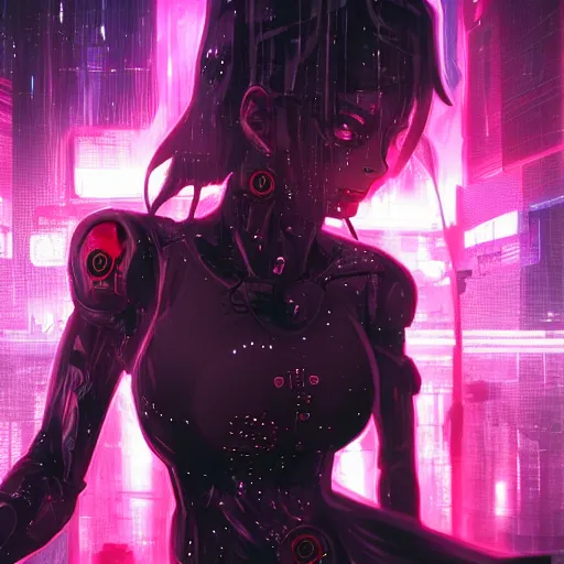 Prompt: digital cyberpunk anime!!, shattered cyborg - body, cyborg - girl in the style of arcane!!!, lightning, raining!!, water refractions!!, black red fade long hair!, biomechanical details, neon background lighting, reflections, wlop, ilya kuvshinov, artgerm