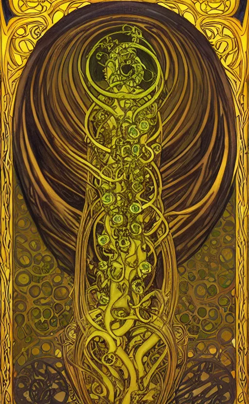 Prompt: Hastur the King in Yellow, art nouveau artwork of an eldritch lovecraftian elder god, by alphonse mucha, Adolfo Hohenstein, Alice Russell Glenny, Stanley Artgerm Lau, greg rutkowski, detailed 4k horror artwork, trending on artstation, smooth, sharp focus