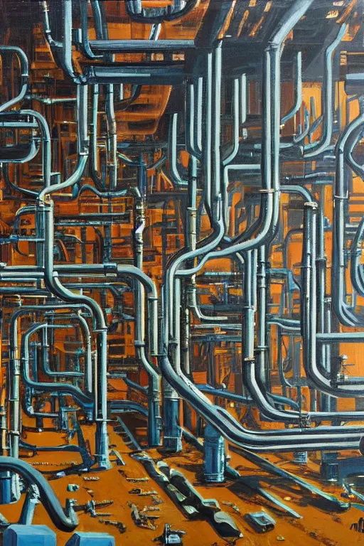 Image similar to oil painting, extra long-vie, hight detailed, thousand small melting industrial pipes, in style of 80s sci-fi art