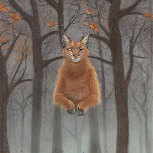 Image similar to Ryan Golsing holding a cute caracal in an autumn forest, by Aron Wiesenfeld and beksincki, cinematic, detailed illustration, nature, fog, dark colors, suspense, intricate, 8k