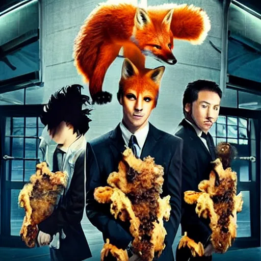 Prompt: hdr quality poster for an action movie fearing cool looking anthropomorphic male foxes in suits stealing fried chicken, promotional media