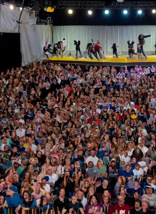 Prompt: a large audience watching a breakdancing badger on stage