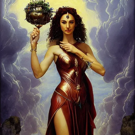 Prompt: Full body oil painting of the beautiful goddess Gal Gadot as Persephone, she is wearing roman clothes and a surreal jewelry, her hair is natural disheveled, she is approaching heaven over the clouds, naturalism, dramatic lighting, high-detailed oil painting by Ilya Repin, Michelangelo da Caravaggio, William Blake, Alex Grey and Beksinski, trending on Artsation, hystorical painting, naturalism, masterpiece, 4k, 8k,