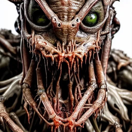 Prompt: photo taken of an epic intricate, ultra detailed, super realistic gritty, wet, slimy, lifelike sculpture of a nightmarish hellish humanoid faced insectoid creature created by weta workshop, menacing, some zoomed in shots, photorealistic, sharp focus, white wall, extremely cold blueish colour temperature, f 1. 4, full body shot, golden ratio