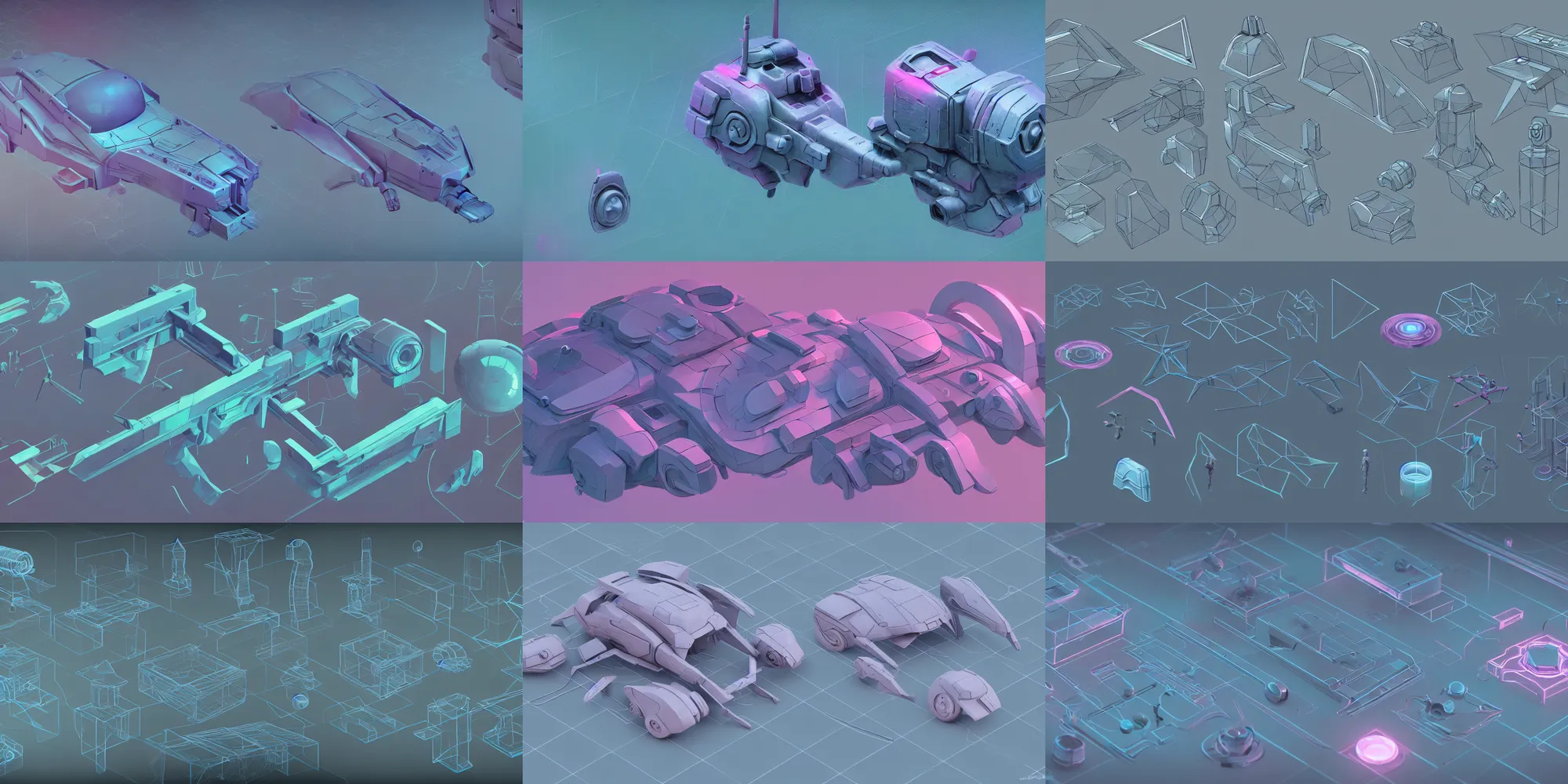 Prompt: hard surface shape form exploration, close up, complex geometry, detailed, artstation, 8 k, sci - fi, pastel colors, props, panel, concept, simon stalenhag, blueprint, items and gadget, big medium small