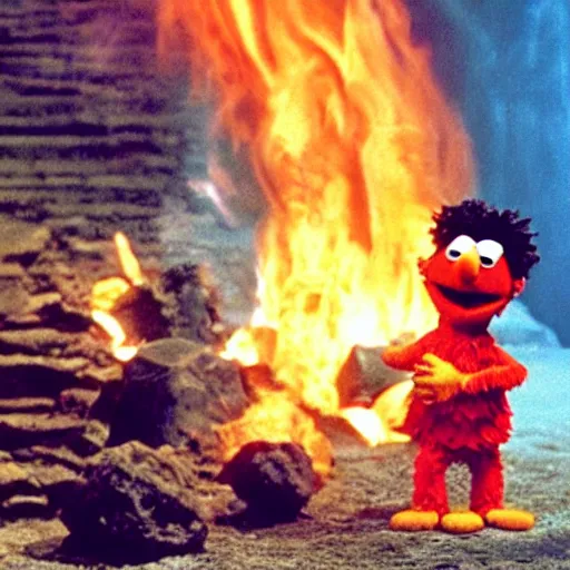 Image similar to “film still of Bert from Sesame Street throwing the one ring into the fires of mount doom as Ernie from Sesame Street tries to take it back”