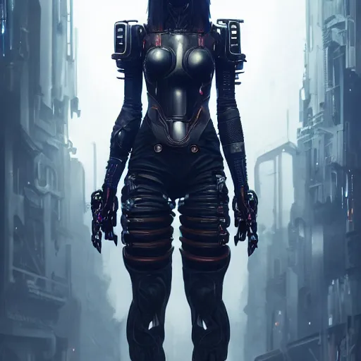 Image similar to cyberpunk goth girl wearing cybernetic body armor, intricate, art by artgerm and greg rutkowski and alphonse mucha and william - adolphe bouguereau, high detailed, 4 k,