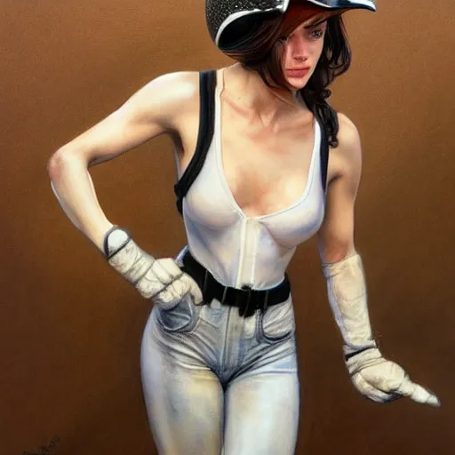 Image similar to a portrait of a woman wearing a white tank top and wearing lether gloves with black jeans and helmet, highly detailed, centered, digital painting, artstation, concept art, donato giancola, Joseph Christian Leyendecker, WLOP, Boris Vallejo, Breathtaking