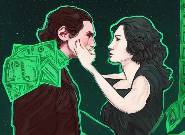 Image similar to reylo kissing, green american dollar bill!!!, rey and kylo ren