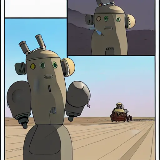 Image similar to a study of cell shaded cartoon of a grey robot mandrake from howl's moving castle ( 2 0 0 4 ) on a desert road, full body, wide shot, very muted colors, post grunge, studio ghibli, laurie greasley, highly detailed, deviantart, art by artgem