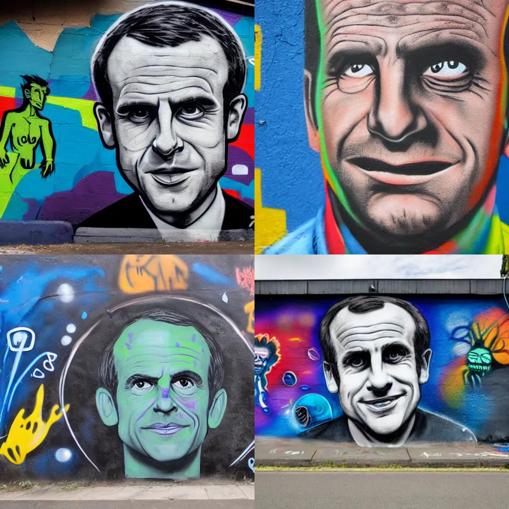 Prompt: grafitti mural of Macron as an Alien