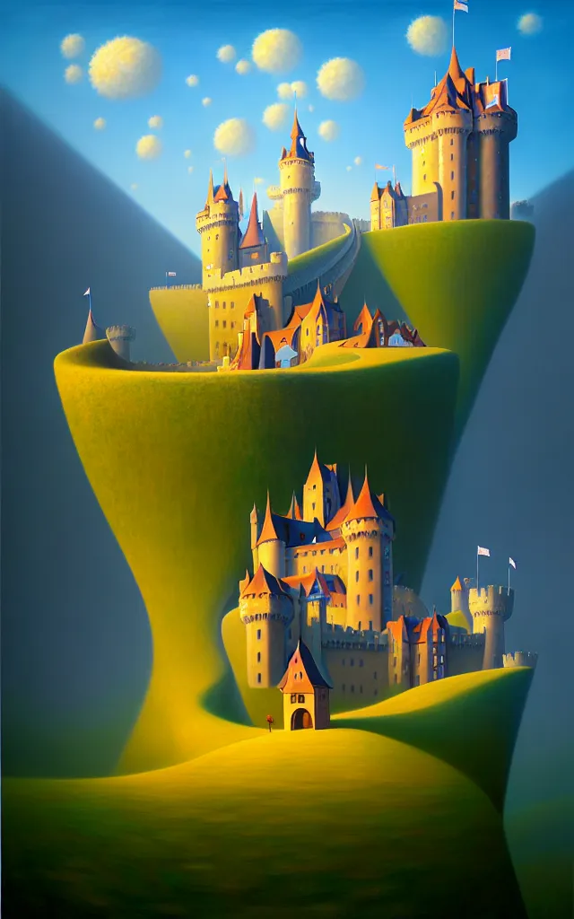 Image similar to close view of a castle an oil on canvas portrait painting of world castle happy place, volumetric light godray, surrealism, surrealist, impossible geometry, rob gonsalves, high detail fantastic gediminas pranckevicius