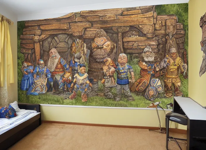 Image similar to dwarven mural depicting a family history of mountain dwarves. a large jewel is the focal point of the mural