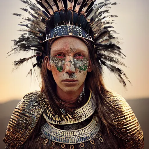 Prompt: head and shoulders portrait of a female knight, tribal armor, headdress, smudged face, spatter, detailed face, photography by jimmy nelson, by paul schutzer, golden hour, jungle