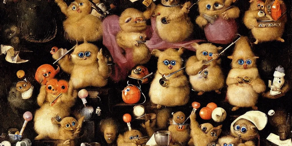 Image similar to a small group of furbies smoking weed!!!!! ( ( ( hieronymus bosch painting ) ) ) furbies with realistic bongs!! smoking pipes!! and joints!!, smoke! fills the air of a small room, studio lighting