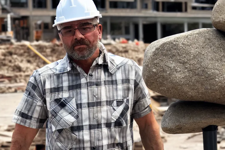 Image similar to a man made of stone, wearing a plaid shirt, working construction