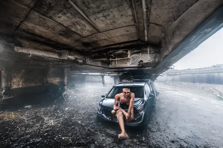 Prompt: A man sitting on a car in a sunken city in a heavy rain, outdoor lighting, dynamic lighting, volumetric, wide angle, anamorphic lens, go pro, 4k