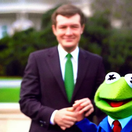 Image similar to “Kermit the Frog as president of the United States, wearing a suit and tie in front of the White House with a helicopter, photo journalism unreal 4k”