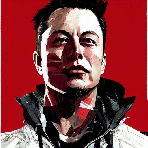 Prompt: highly detailed portrait of a stunning post-cyberpunk Elon Musk ((Elon Musk)) (((Elon Musk))) by Dustin Nguyen, Akihiko Yoshida, Greg Tocchini, Greg Rutkowski, Cliff Chiang, 4k resolution, persona 5 inspired, vibrant red ,brown, white and black color scheme with stray wiring