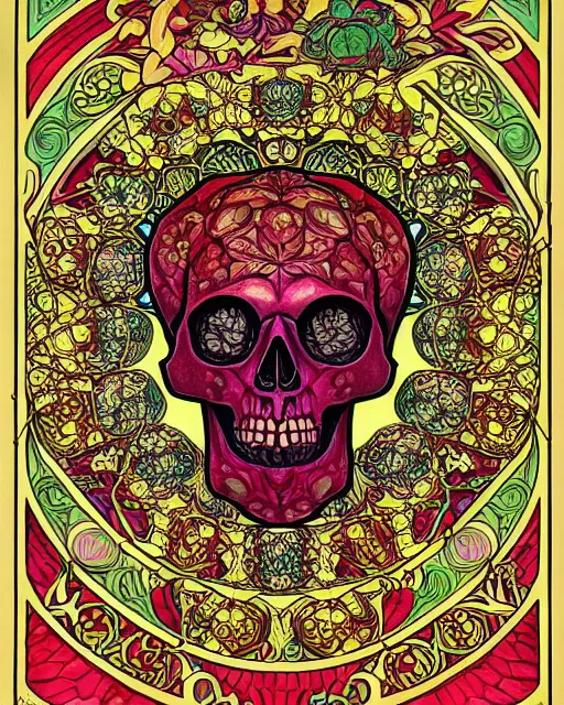 Prompt: Carved ruby skull art surrounded by varities of pineapple, cell shading, voronoi, fibonacci sequence, sacred geometry by Alphonse Mucha, Moebius, hiroshi yoshida, Art Nouveau, colorful, ultradetailed, vivid colour, 3d