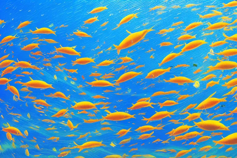 Image similar to portrait of goldfishes swarming the ocean. shadow and light. rays of light. energetic, dynamic, lively, detailed, intricate, complex. fine art by hayao miyazaki, akira toriyama, makoto shinkai, and ohara koson.