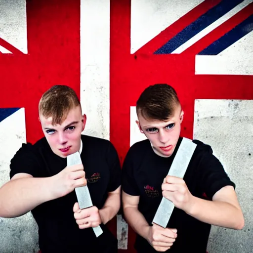 Prompt: mid-shot portrait photograph of two male British chav youths holding knives and smoking in front of the Union Jack, high quality