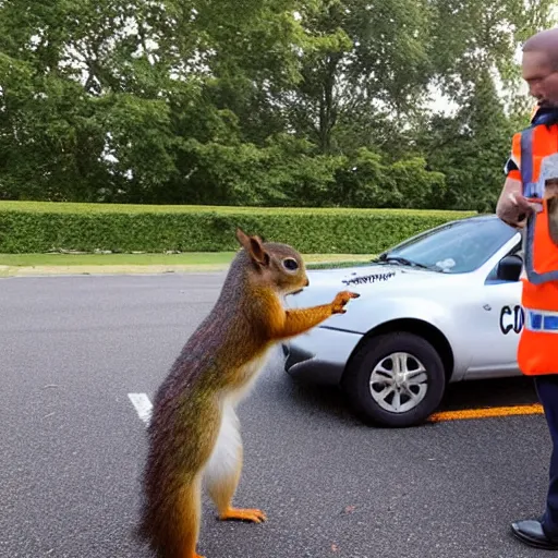 Image similar to a dog-cop ticketing a squirrel with a fine for speeding