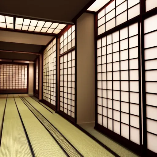 Prompt: still photo of a japanese hallway, highly detailed, photorealistic portrait, bright studio setting, studio lighting, crisp quality and light reflections, unreal engine 5 quality render