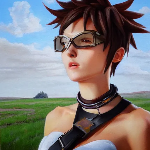 Image similar to oil painting of tracer overwatch in a field wearing spiked collar around neck, in style of raymond swanland, expressive face, wearing choker, steel collar, steel choker, wearing collar on neck, detailed face, detailed eyes, full body, feminine face, tracer overwatch,