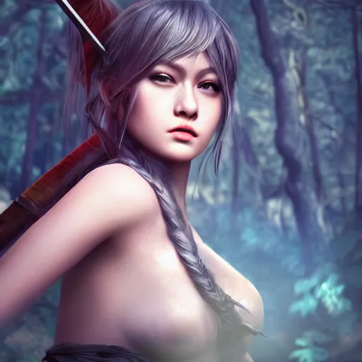 Image similar to beautiful girl in dark forest with a katana sword, character concept style trending on artstation, detailed face, concept art, detailed, octane render cinematic, photo-realistic, 8k, high detailed