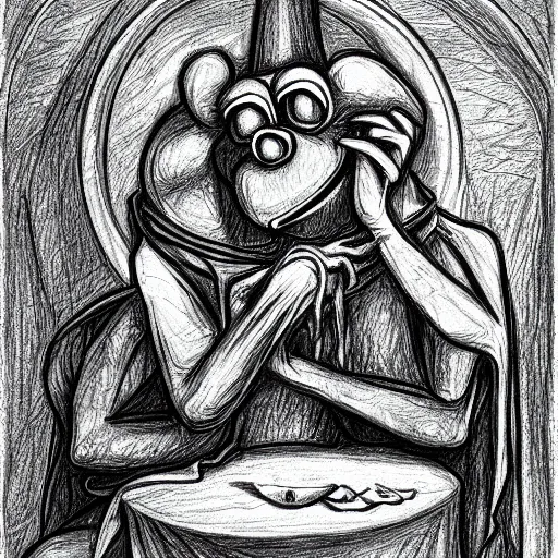 Image similar to Kermit the Frog in the deepest part of Hell, in the style of the Divine Comedy by Dante Alighieri, pencil sketch