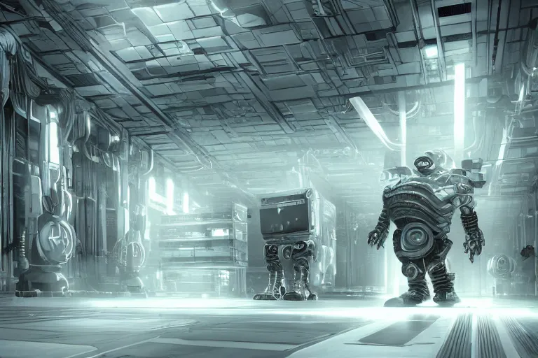 Image similar to parallax datacenter server room interior single mono colossus white rusty android guest robosaurus pacing artstation cinematic detailed concept art volumetric light sharp coherent cgsociety symmetric perfect well balanced shadows lotr hardware