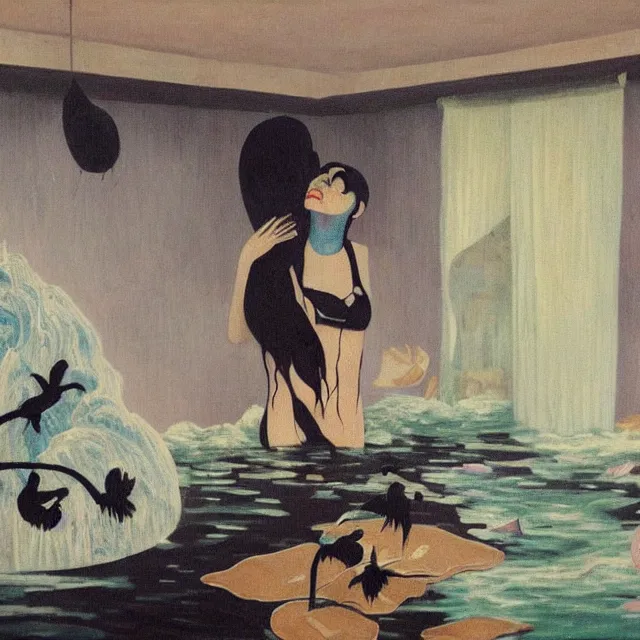 Image similar to tall female emo artist in her flooded apartment, water gushing from ceiling, painting of flood waters inside an artist's home, a river flooding indoors, pomegranates, pigs, ikebana, zen, water, octopus, river, rapids, waterfall, black swans, canoe, berries, acrylic on canvas, surrealist, by magritte and monet
