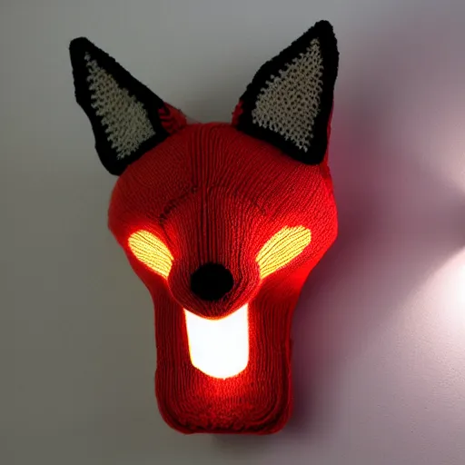Image similar to a knitted red fox head dynamic lighting museum