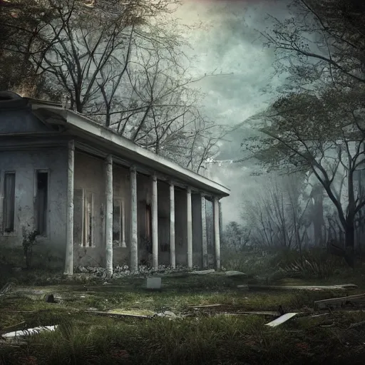 Prompt: Abounded Asylum in the middle of a dense forest, Dynamic lighting, Realism, Realistic,