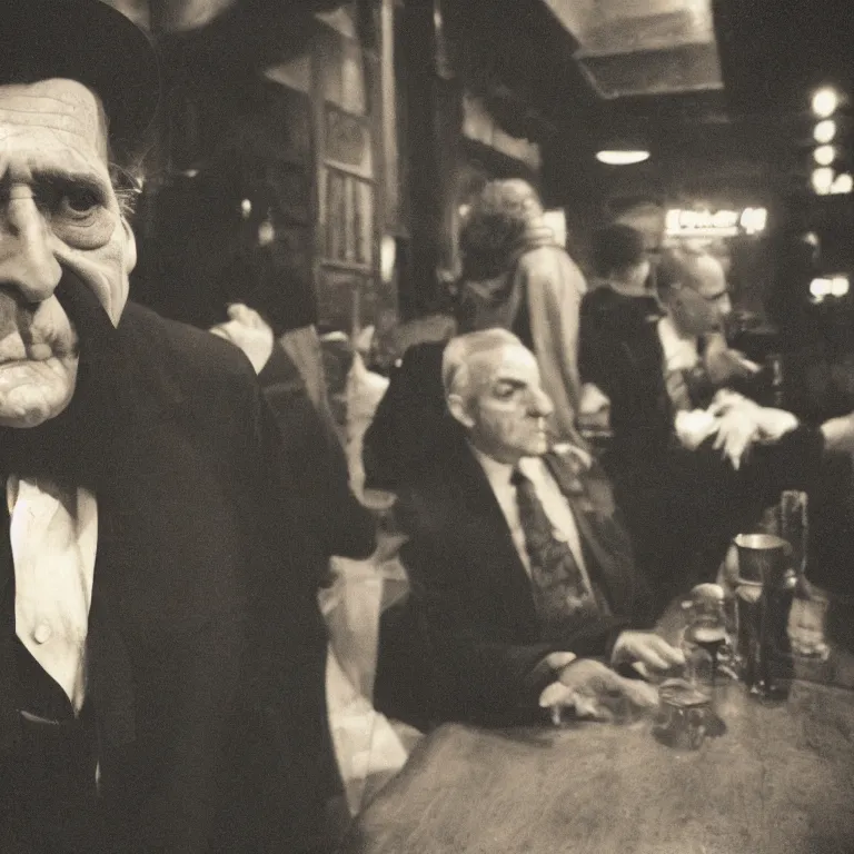 Prompt: Sepia medium shot shallow depth of field hyperrealistic street photography of an aging drunk Dracula with an elegant hairstyle wearing a fancy suit in a dark dive bar by Lisette Model by Diane Arbus in 1962, grainy shocking detail hyperrealistic trending on artstation