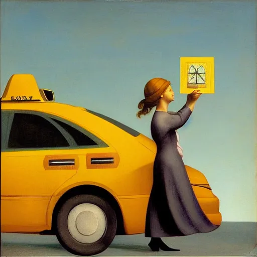 Image similar to a woman hails a taxi by Raphael, Hopper, and Rene Magritte. detailed, romantic, enchanting, trending on artstation.