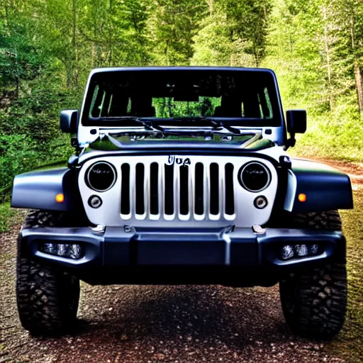 Prompt: a view from the driver side of a jeep wrangler in the woods, 4k, high detail, high-resolution photograph, professional photography, ultra-detail