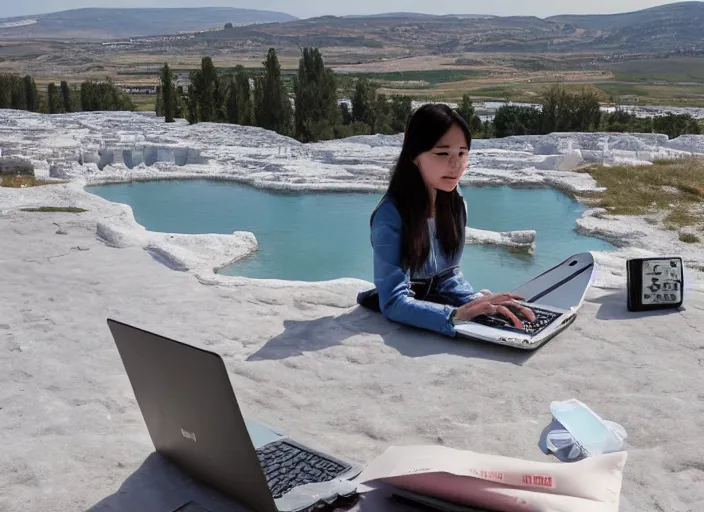 Prompt: Lee Jin-Eun hacking a laptop at Pamukkale by WLOP, rule of thirds, seductive look, beautiful, masterpiece, Refined
