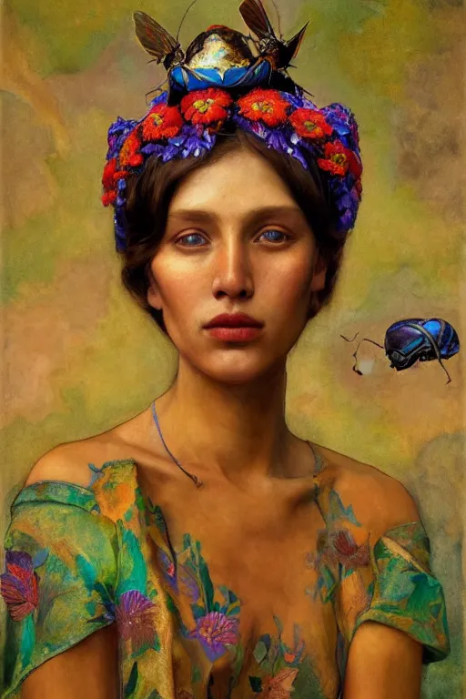 Image similar to queen of summer, by Annie Swynnerton, and Nicholas Roerich and Tino Rodriguez and Diego Rivera , elaborate headdress and embroidered velvet, iridescent beetles, rich color, dramatic cinematic lighting, extremely detailed, featured on artstation