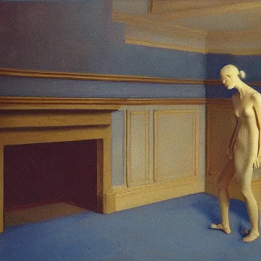 Image similar to an ivory and golden demon in a blue haunted liminal abandoned room, film still by edward hopper, by gottfried helnwein, by klimt, art noveau, highly detailed, strong lights, liminal, eerie, bright pastel colors,