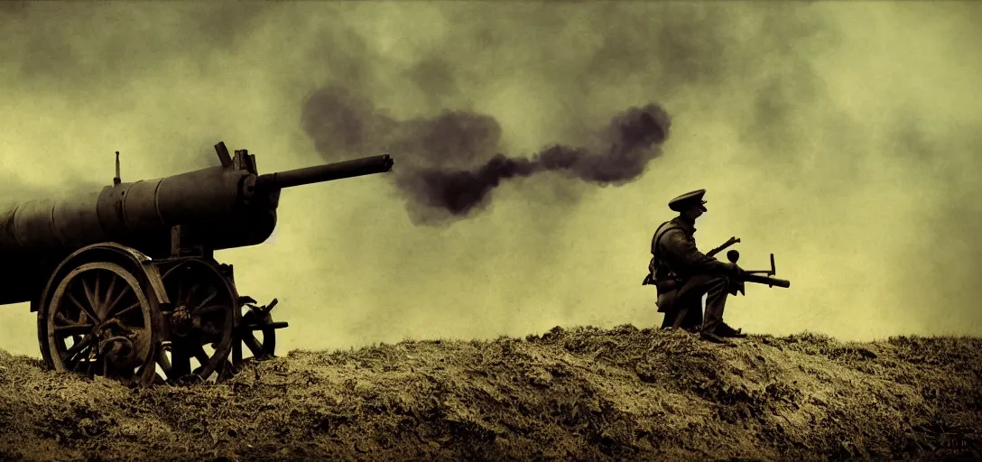 Prompt: smoke,!!! neon colored, tilt shift wwi a poppy and a cannon pondering over a dug out trench, dramatic light, zdzidaw, ultrafine, hyperrealistic, 3 2 k, 3 5 mm film still, movie